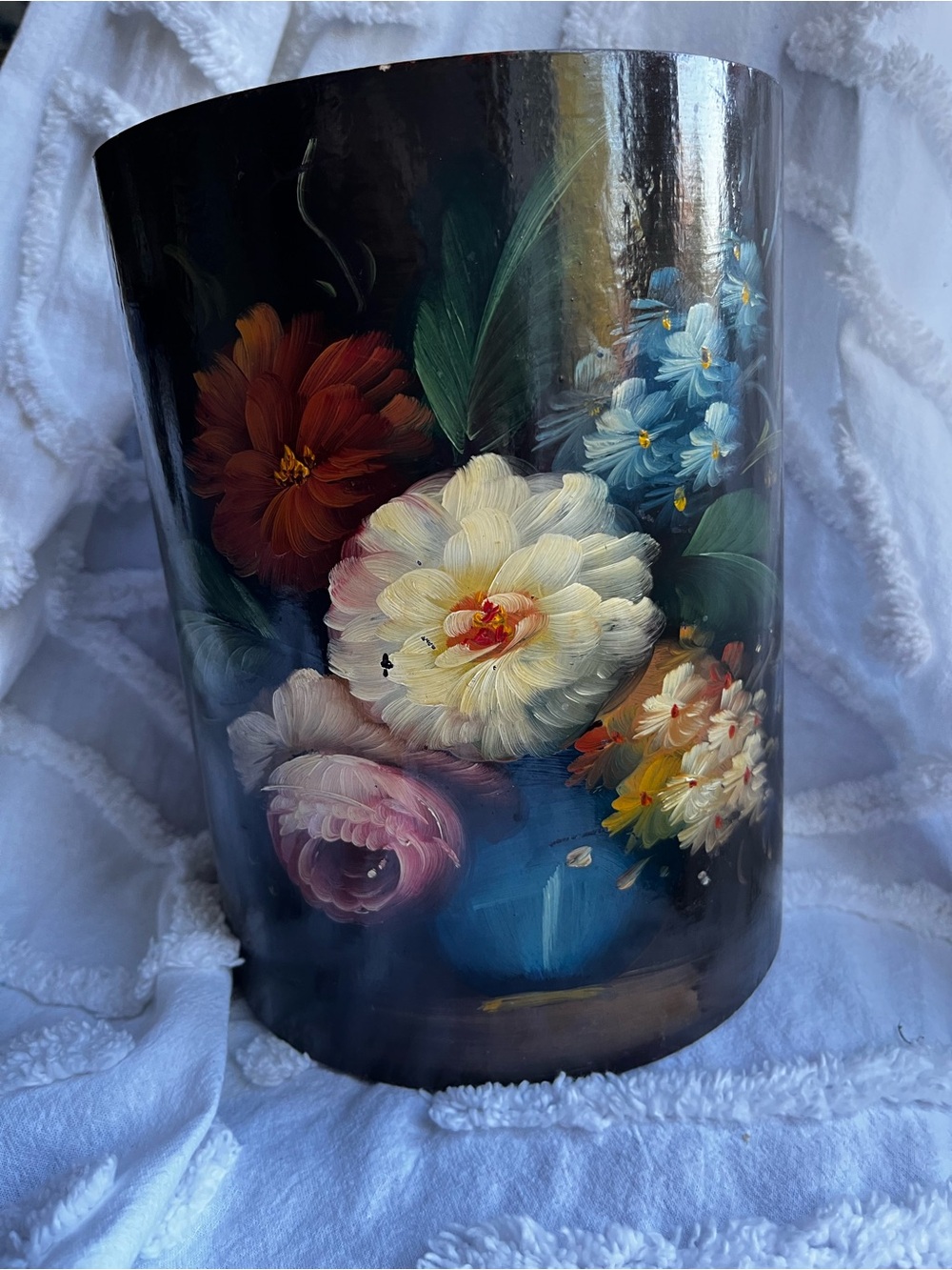Hand Painted Floral Painted Wooden Wastebasket